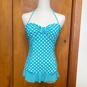 Arizona Jean Co. Aqua White Gingham One Piece Swimsuit Halter Ruffle - S